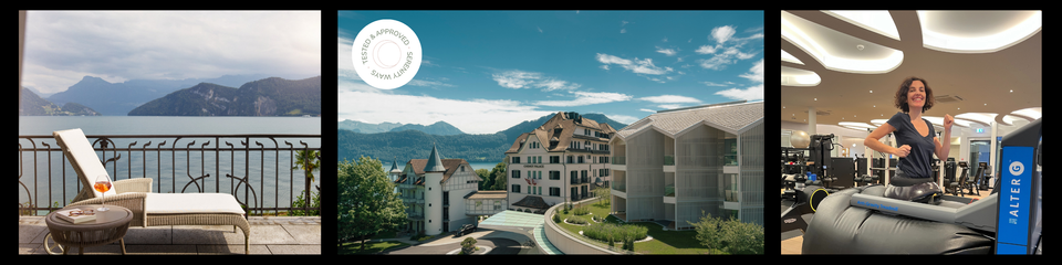La vue sur le lac de Lucern ; une vue d'ensemble de l'hôtel bien-être ; Victoire sur un tapis roulant anti-gravité
